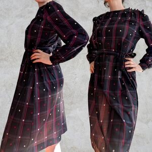 Vintage 80s Long Sleeve Plaid Polka Dot Polyester Dress With Belt M